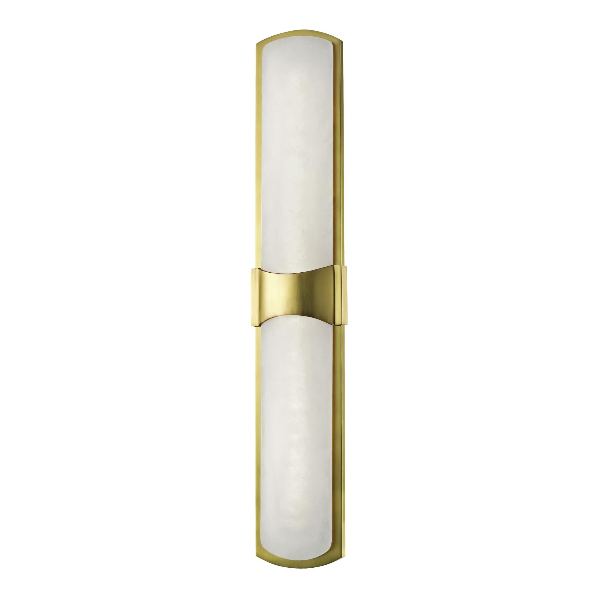 Shown in Aged Brass finish and Opal White Alabaster glass